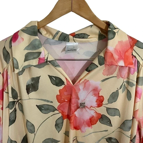 Roamans Floral Blouse 1X Watercolor Floral Yellow Pink Orange Collared Pullover - Picture 3 of 7